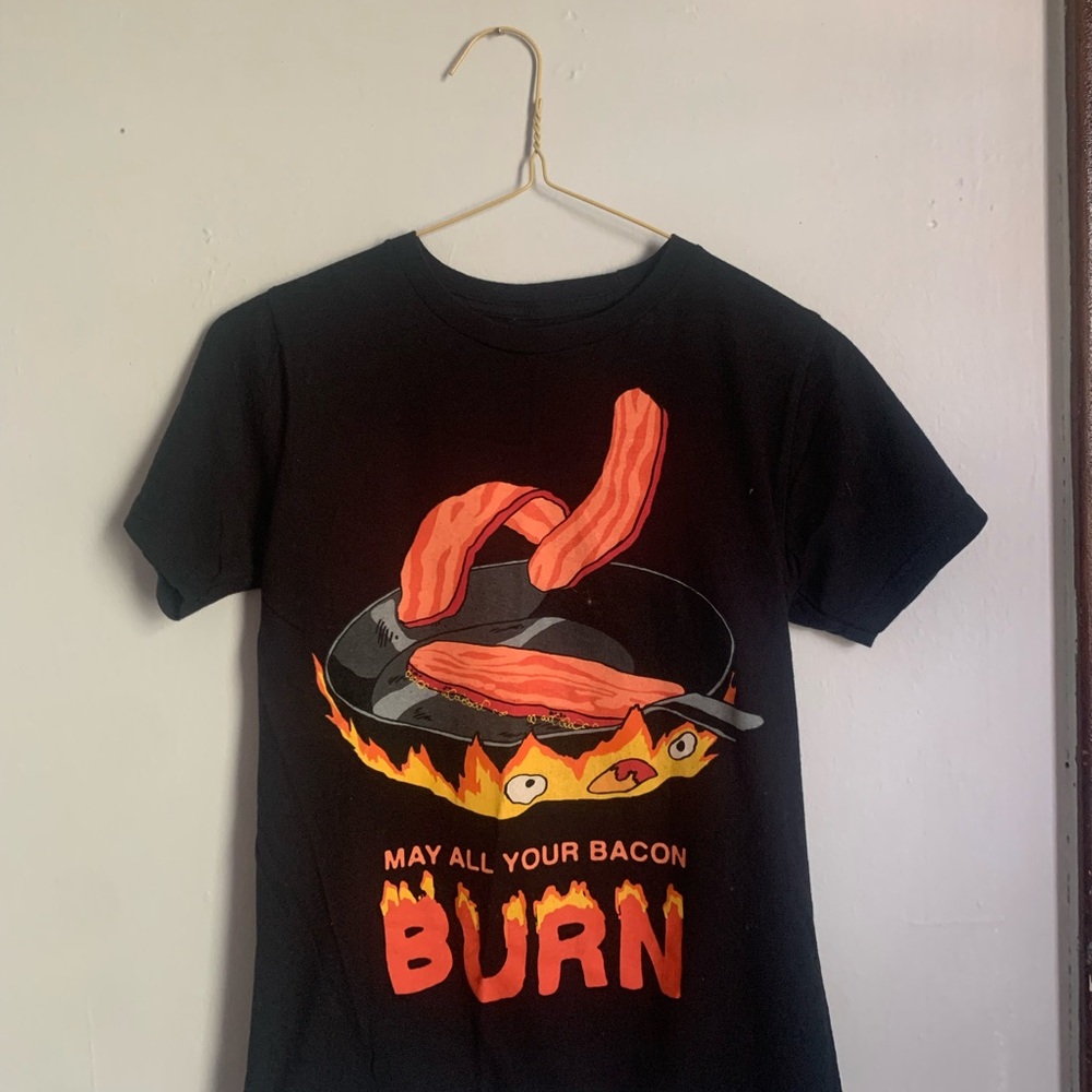 Howl’s Moving Castle Calcifer Black Graphic T-Shirt with Bacon Print